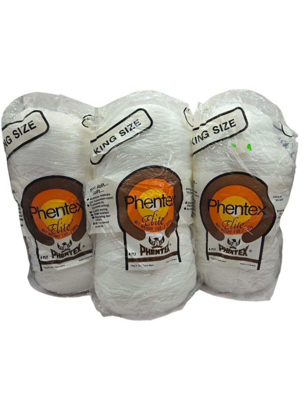 Vtg Phentex Elite King Size Yarn 4-Ply 7oz Lot Of 3 White Made In Canada 1960's
